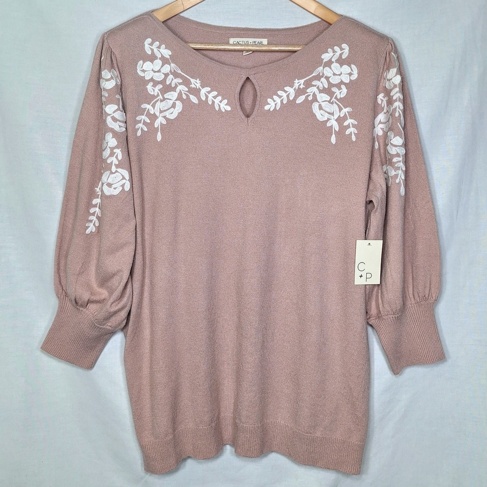 NEW Cactus + Pearl XL Sweater Embroider Flowers Pink Mauve Spring 3/4 Sleeve NWT